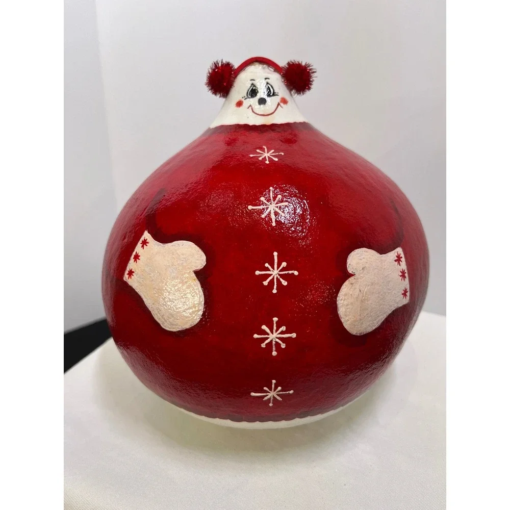 Vintage Folk Art Hand Painted Snowman Gourd Christmas Decor